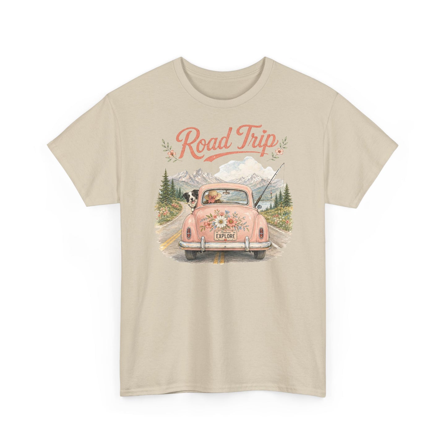 Road Trip Vintage Car T-Shirt — Retro Floral Scenic Drive Tee ( Heavy Weight Tee)