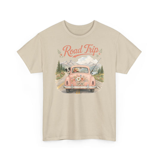 Road Trip Vintage Car T-Shirt — Retro Floral Scenic Drive Tee ( Heavy Weight Tee)