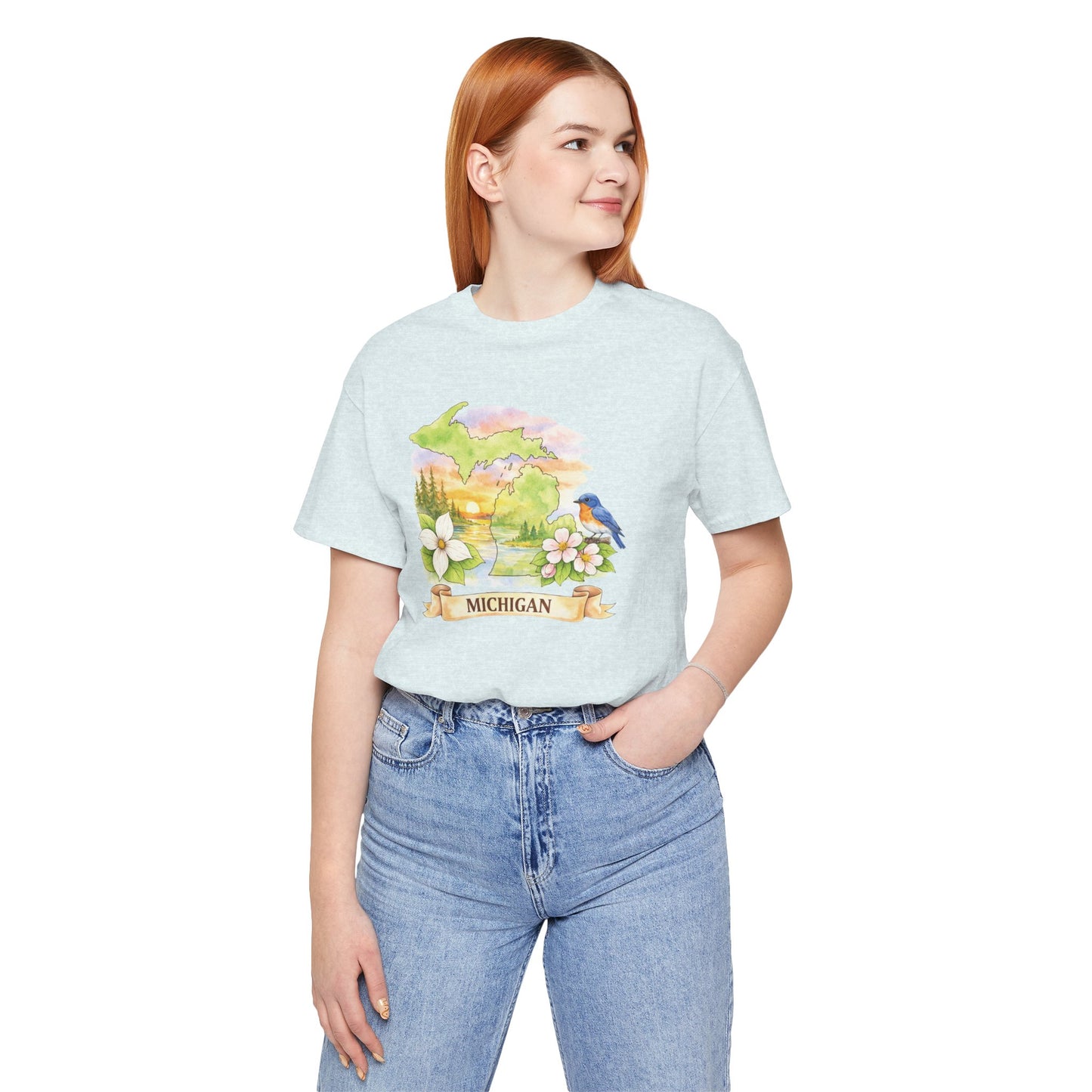 Michigan Scenic T-Shirt — State Flower & Bluebird Watercolor Design