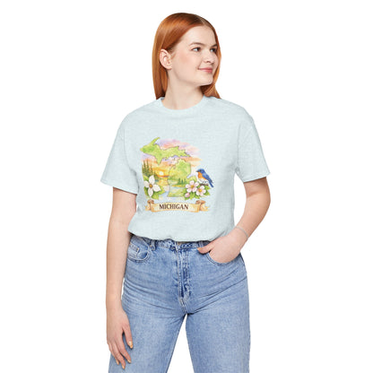 Michigan Scenic T-Shirt — State Flower & Bluebird Watercolor Design