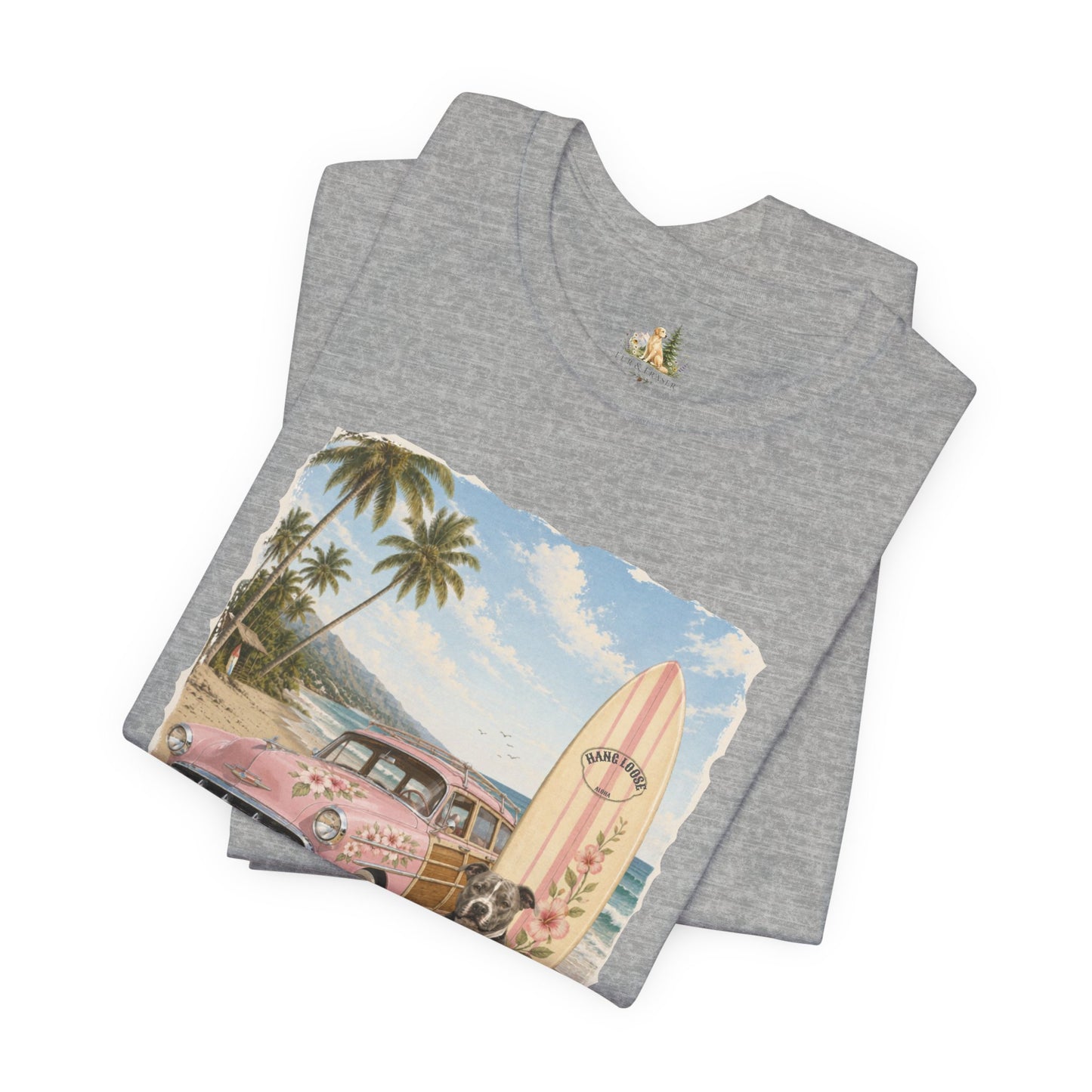 Vintage Beach Surf T‑Shirt — Retro Car, Surfboard & Dog Graphic