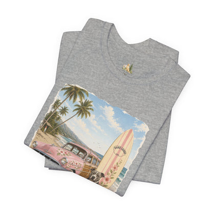 Vintage Beach Surf T‑Shirt — Retro Car, Surfboard & Dog Graphic