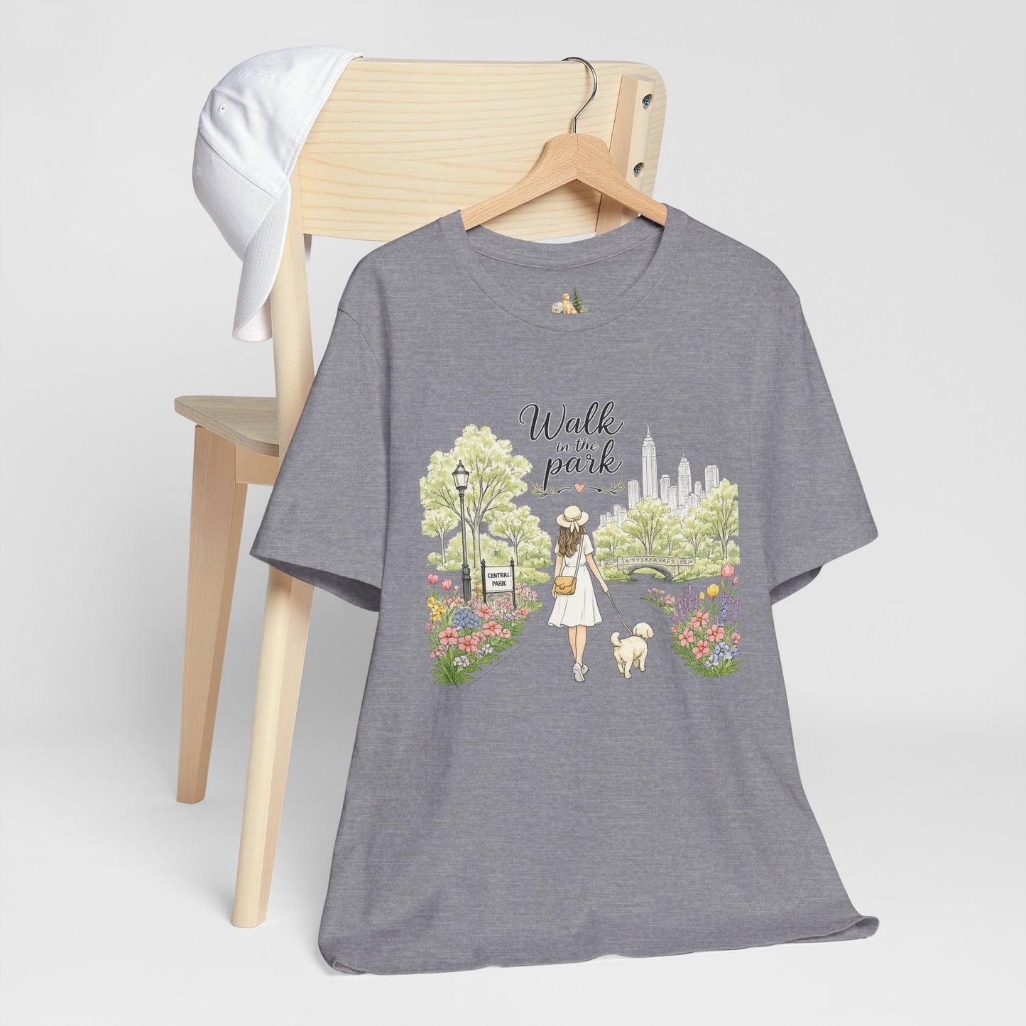 Walk in the Park T-Shirt | Woman Walking Dog Park Illustration