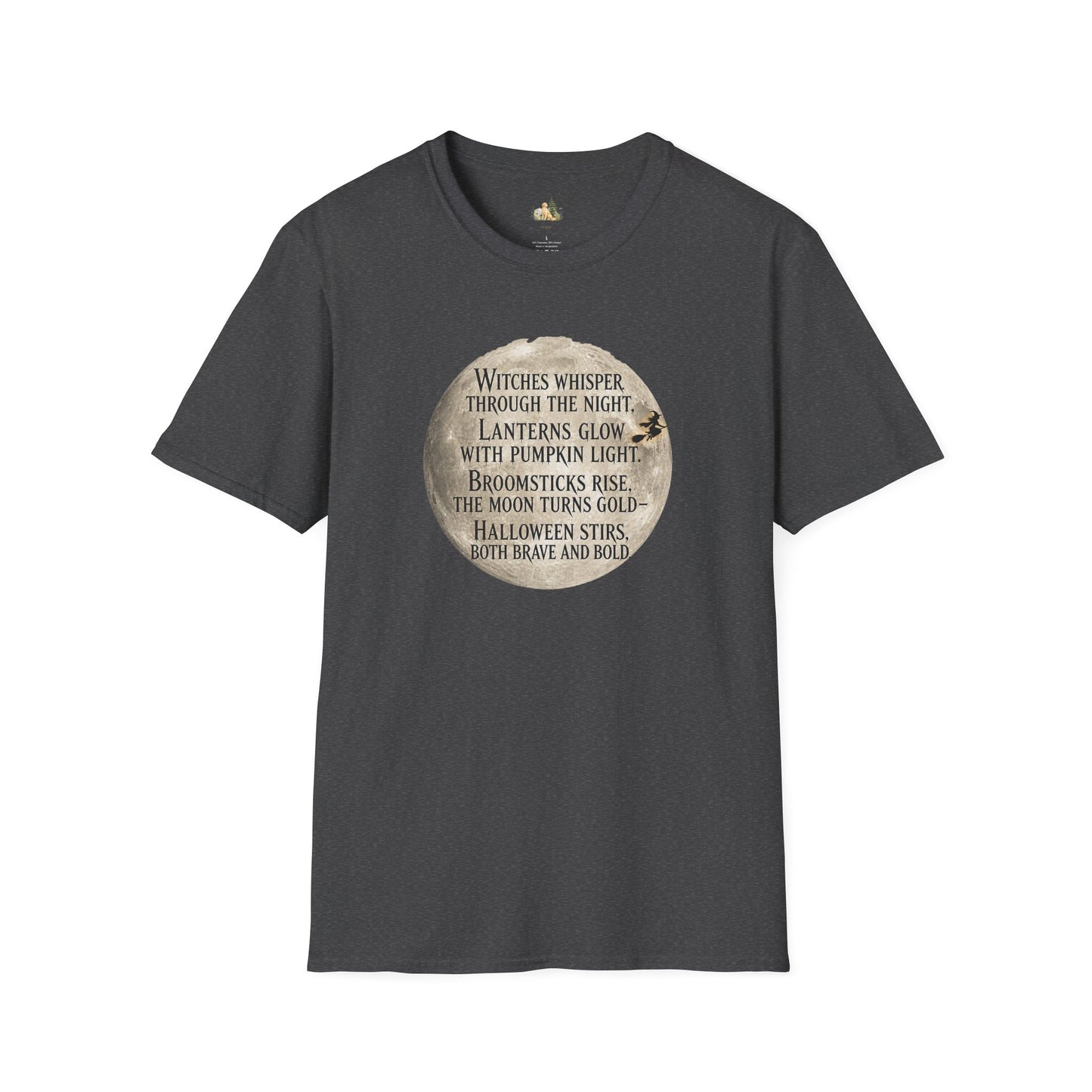 Halloween Poem T-Shirt — "Witches whisper through the night" Moon Graphic
