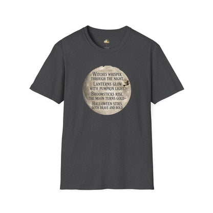 Halloween Poem T-Shirt — "Witches whisper through the night" Moon Graphic