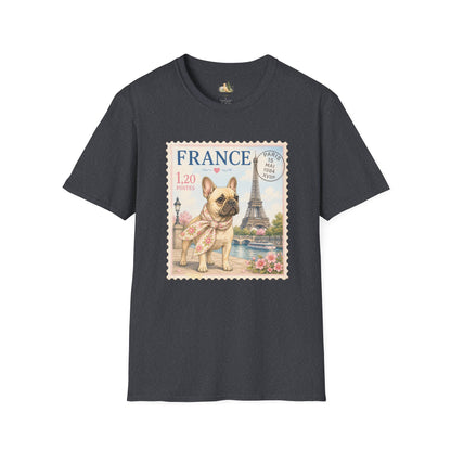 French Bulldog Postage Stamp T-Shirt | Eiffel Tower Paris Design (Light Weight, Ultra Soft Tee)