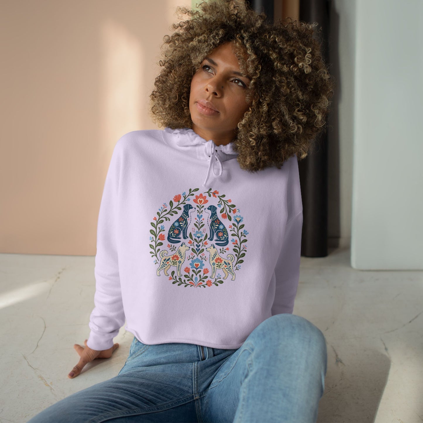 Floral Folk Art Crop Hoodie — Symmetrical Rabbit & Floral Circle Design