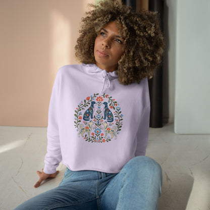 Floral Folk Art Crop Hoodie — Symmetrical Rabbit & Floral Circle Design