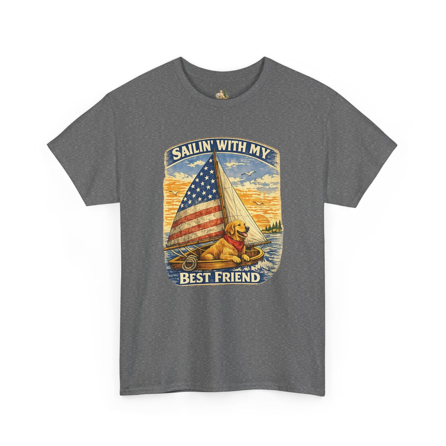 Unisex Sailin' With My Best Friend T-Shirt - Dog & American Flag Sailing Crew Tee (Light Weight, Ultra Soft Cotton)