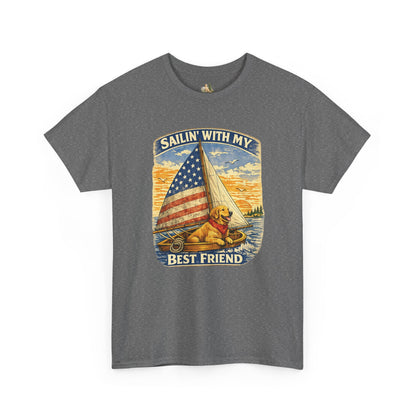 Unisex Sailin' With My Best Friend T-Shirt - Dog & American Flag Sailing Crew Tee (Light Weight, Ultra Soft Cotton)