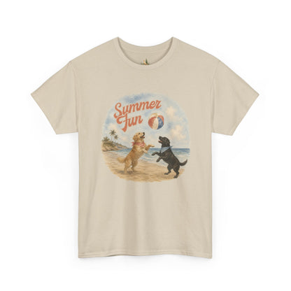 Unisex Summer Fun Dogs T-Shirt — Retro Beach Puppies Playing with Beach Ball (Heavy Weight Tee)