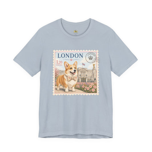 London Corgi Postage Stamp T-Shirt | Cute British Dog Travel Design