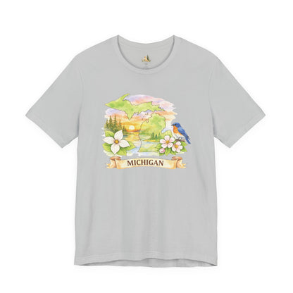 Michigan Scenic T-Shirt — State Flower & Bluebird Watercolor Design