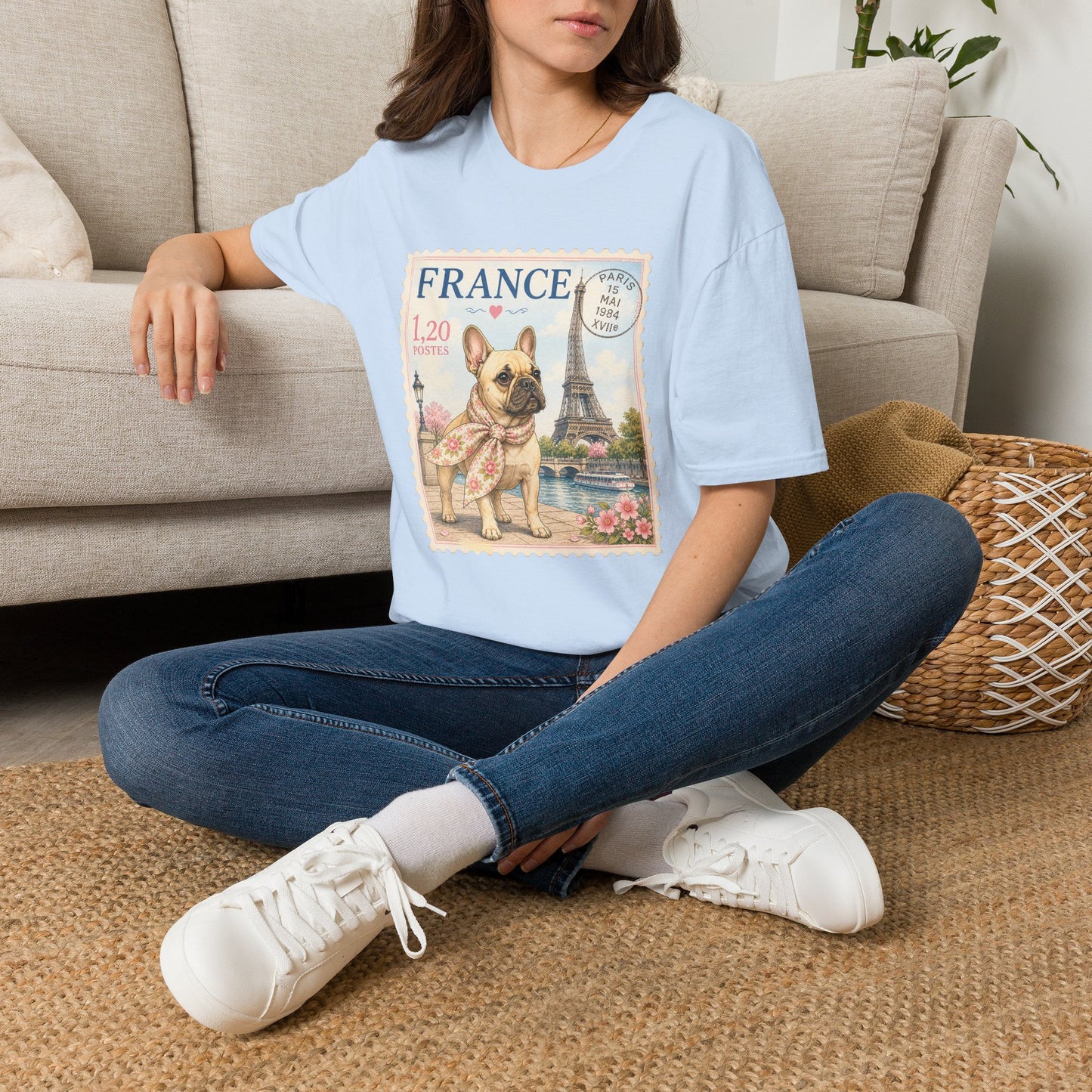 French Bulldog Postage Stamp T-Shirt | Eiffel Tower Paris Design (Light Weight, Ultra Soft Tee)