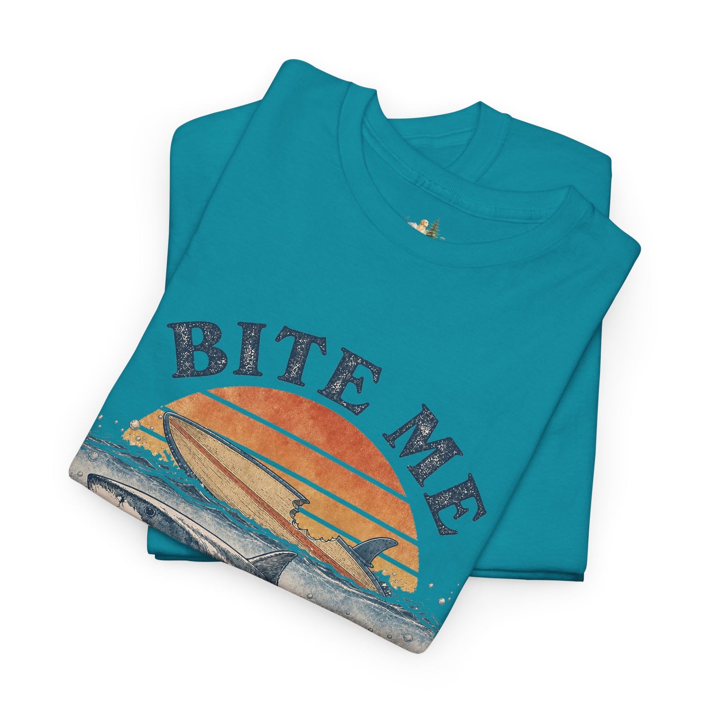 Shark 'Bite Me' Graphic Tee — Vintage Ocean Sunset Fishing Shirt (Heavy Weight Tee)