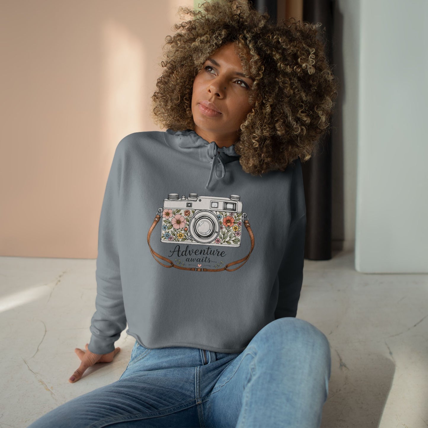 Cropped Hoodie — Floral Vintage Camera “Adventure Awaits” Crop Hoodie