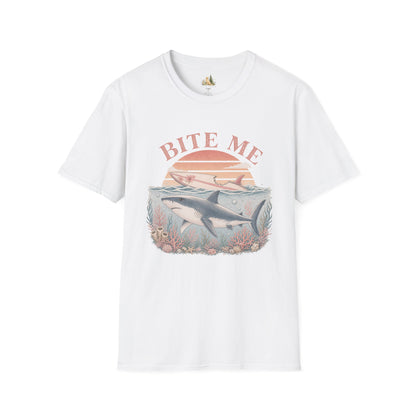 Bite Me Shark T-Shirt — Retro Ocean Sunset Graphic Tee (Light Weight, Ultra Soft)