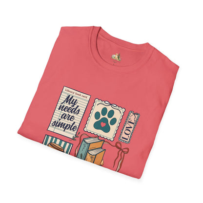 T-Shirt — "My Needs Are Simple" Book & Paw Graphic Tee