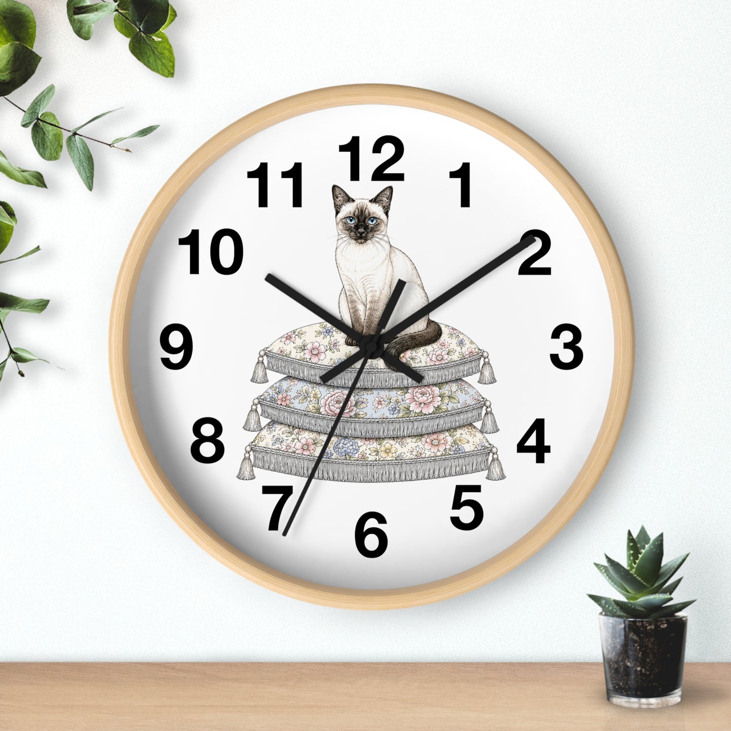 Siamese Cat on Stacked Cushions Wall Clock | Floral Pillow Illustration