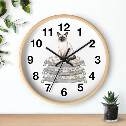 Siamese Cat on Stacked Cushions Wall Clock | Floral Pillow Illustration