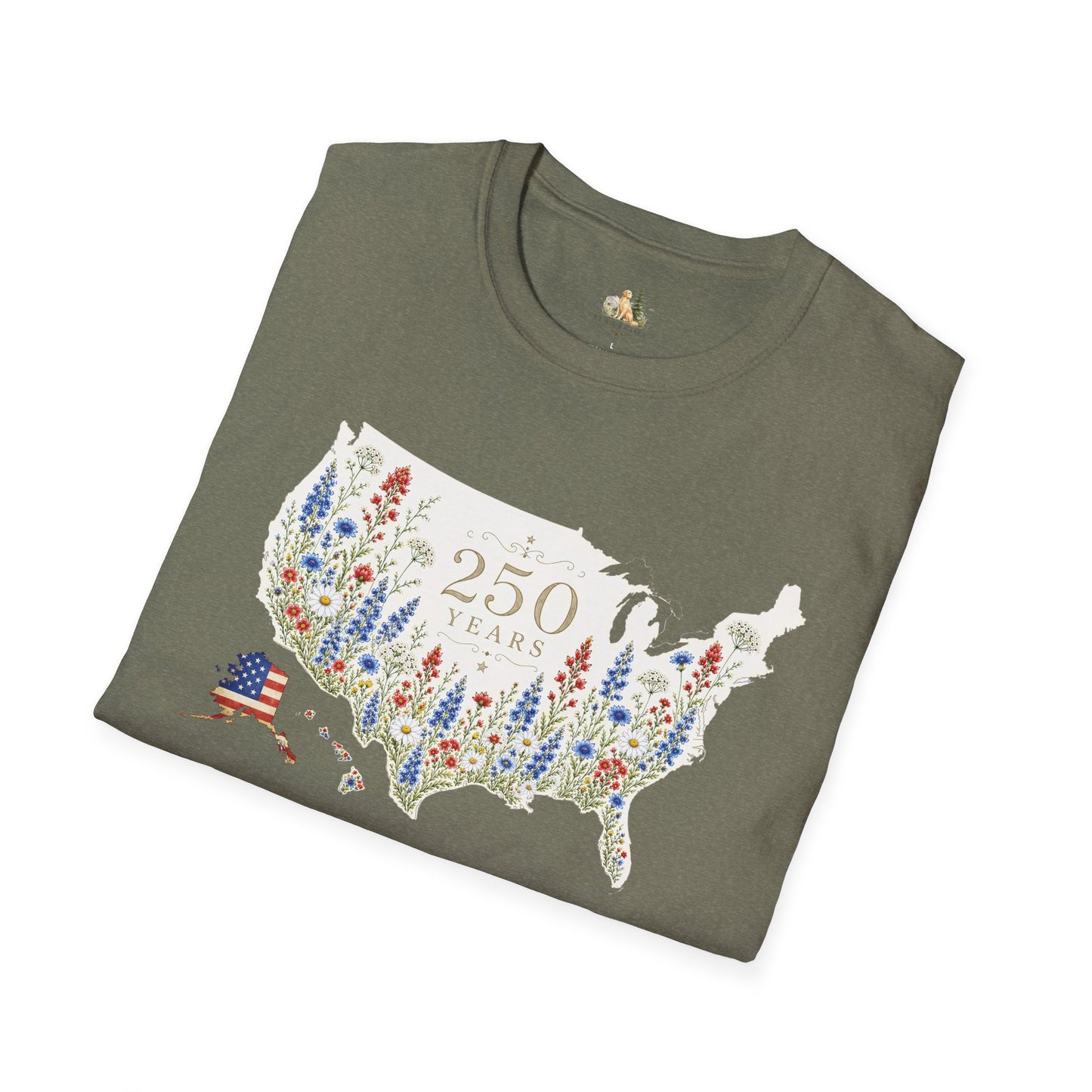 Unisex 250 Years USA Floral Map T-Shirt — Patriotic Anniversary Graphic Tee (Light weight Ulta Soft T-Shirt)
