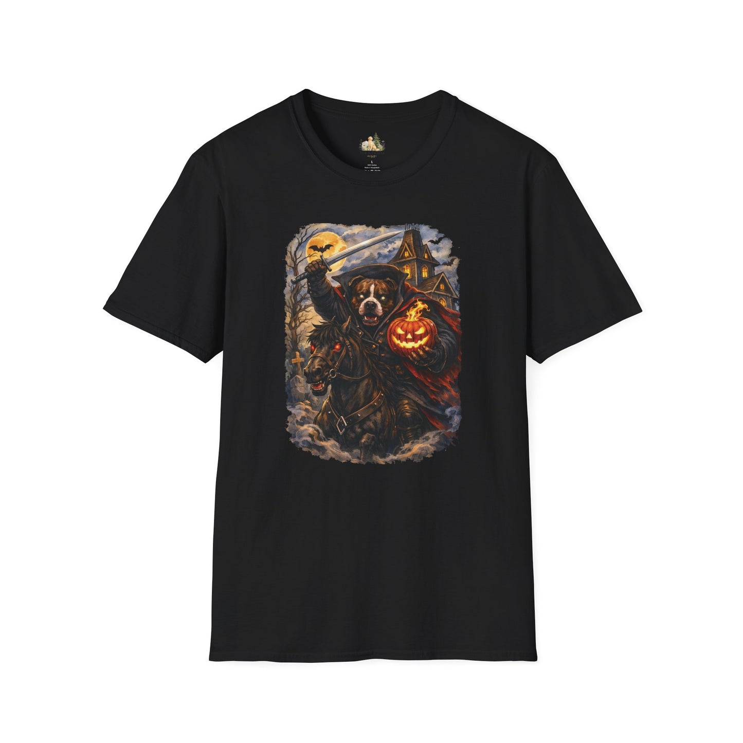 Unisex Halloween Pit Bull Headless Horseman Tee – What Tails Lurk Behind The Pines Collection