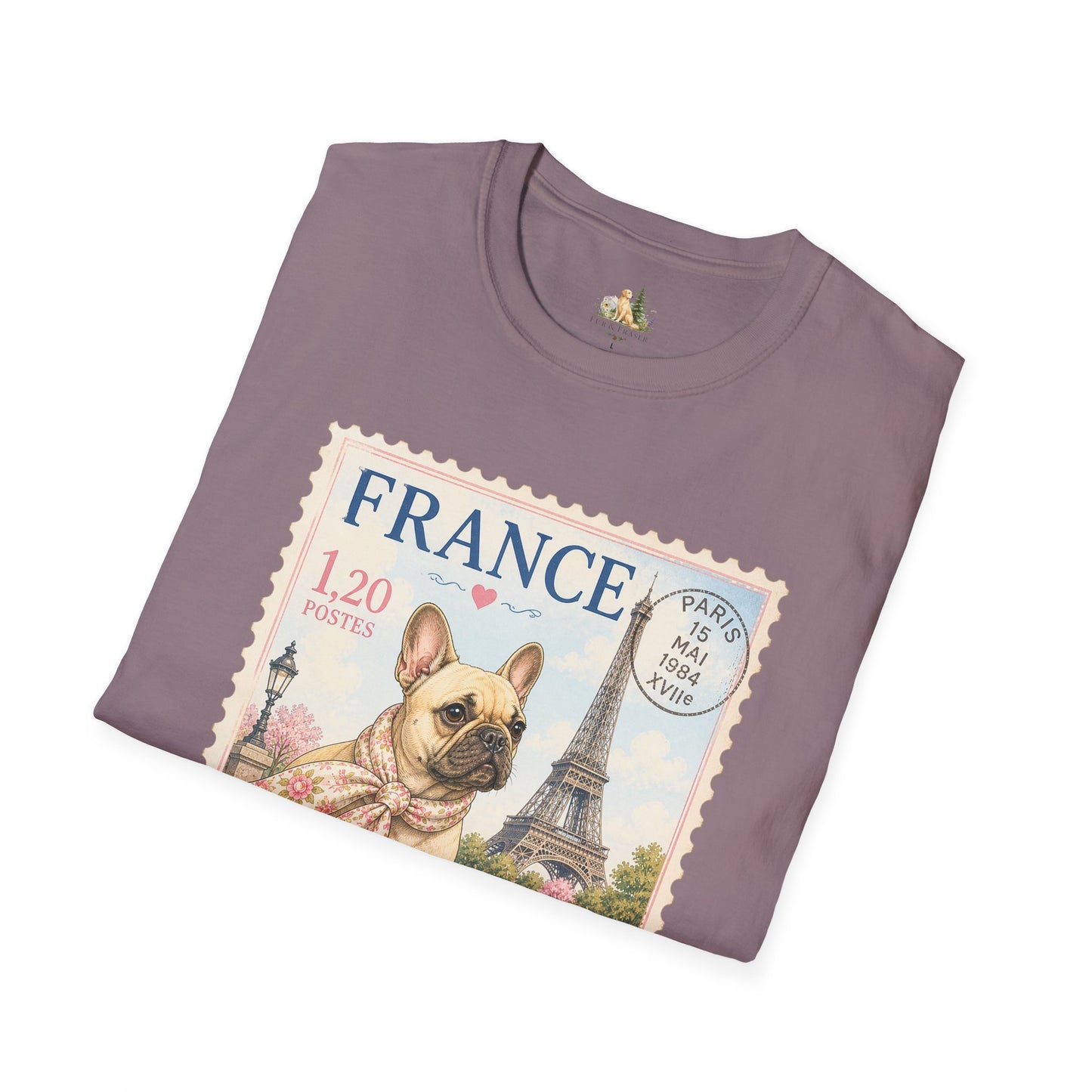 French Bulldog Postage Stamp T-Shirt | Eiffel Tower Paris Design (Light Weight, Ultra Soft Tee)