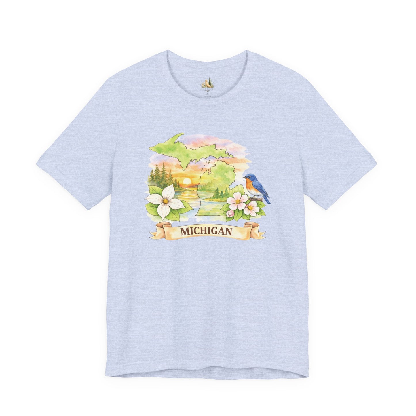 Michigan Scenic T-Shirt — State Flower & Bluebird Watercolor Design