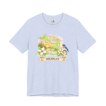 Michigan Scenic T-Shirt — State Flower & Bluebird Watercolor Design