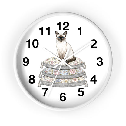 Siamese Cat on Stacked Cushions Wall Clock | Floral Pillow Illustration