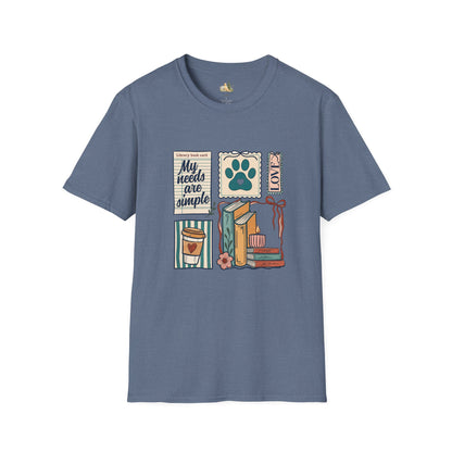 T-Shirt — "My Needs Are Simple" Book & Paw Graphic Tee