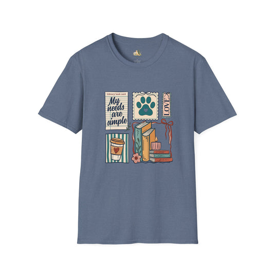 T-Shirt — "My Needs Are Simple" Book & Paw Graphic Tee