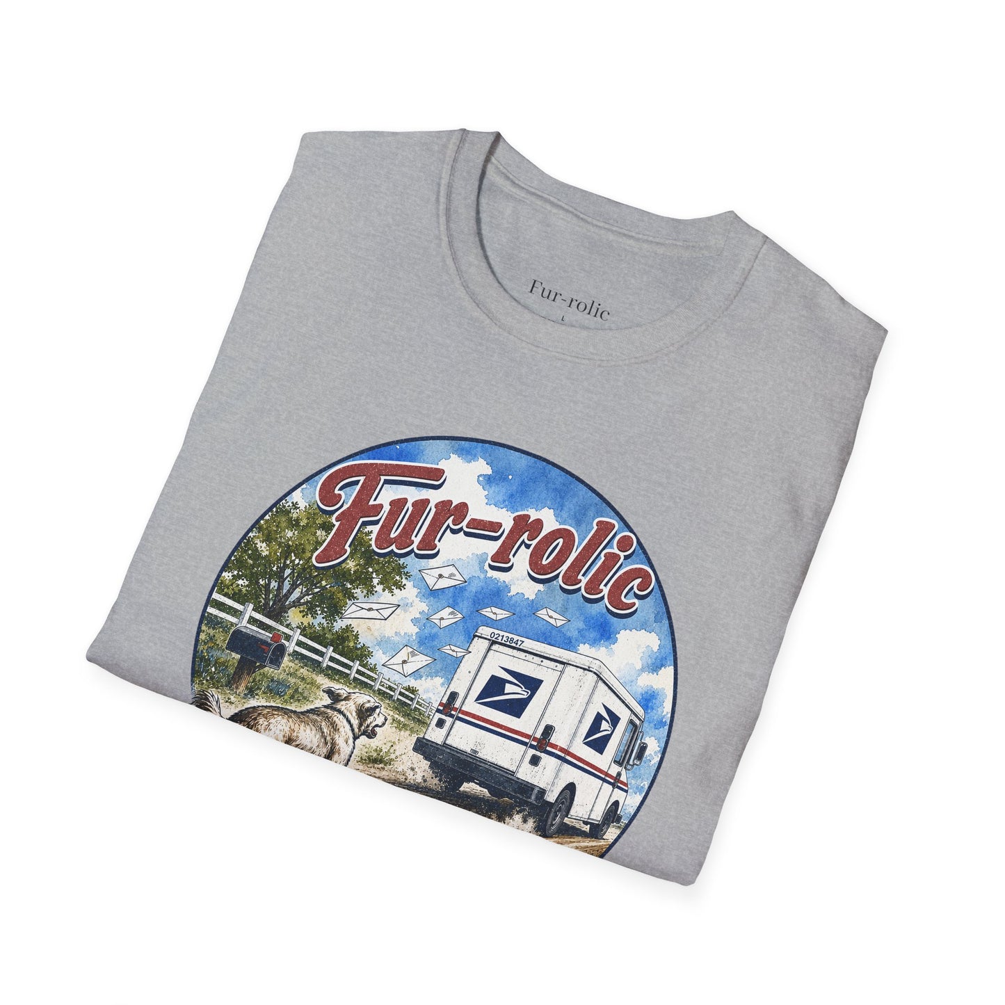 Fur-rolic T-Shirt — Postal Mail Truck & Playful Dogs Retro Graphic Tee (Light Weight Ultra Soft Tee)