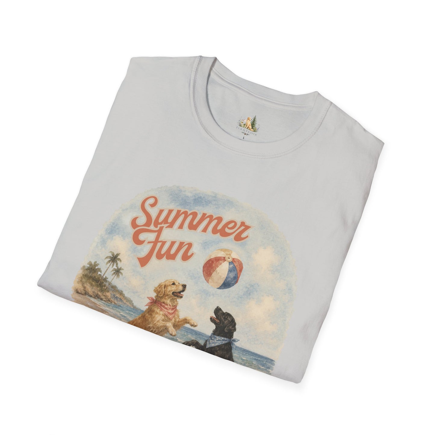 Summer Fun Dogs T-Shirt — Retro Beach Puppies Playing with Beach Ball (Light Weight, Ultra Soft Tee)