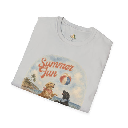 Summer Fun Dogs T-Shirt — Retro Beach Puppies Playing with Beach Ball (Light Weight, Ultra Soft Tee)