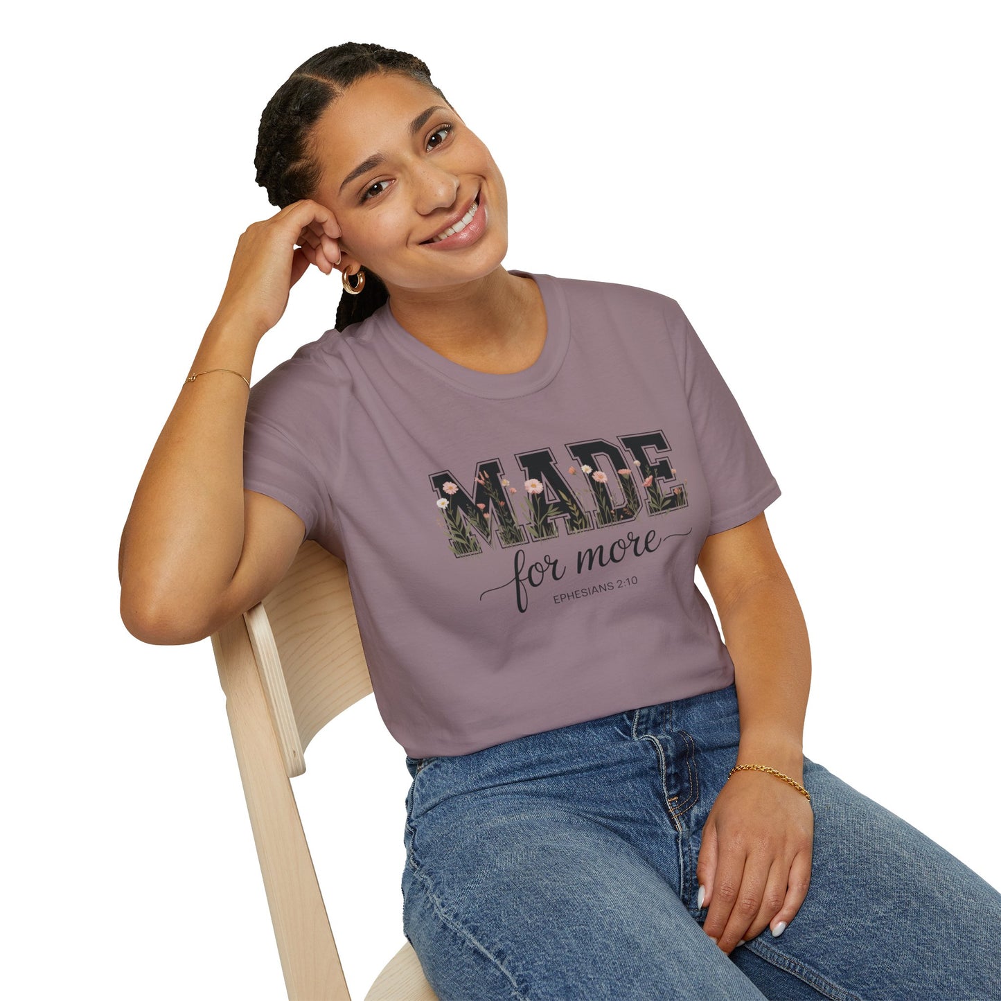 Made For More T-Shirt – Floral Script Christian Faith Tee (Ephesians 2:10) Light Weight, Ultra Soft Tee