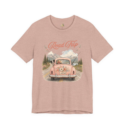 Road Trip Vintage Car T-Shirt — Retro Floral Scenic Drive Tee