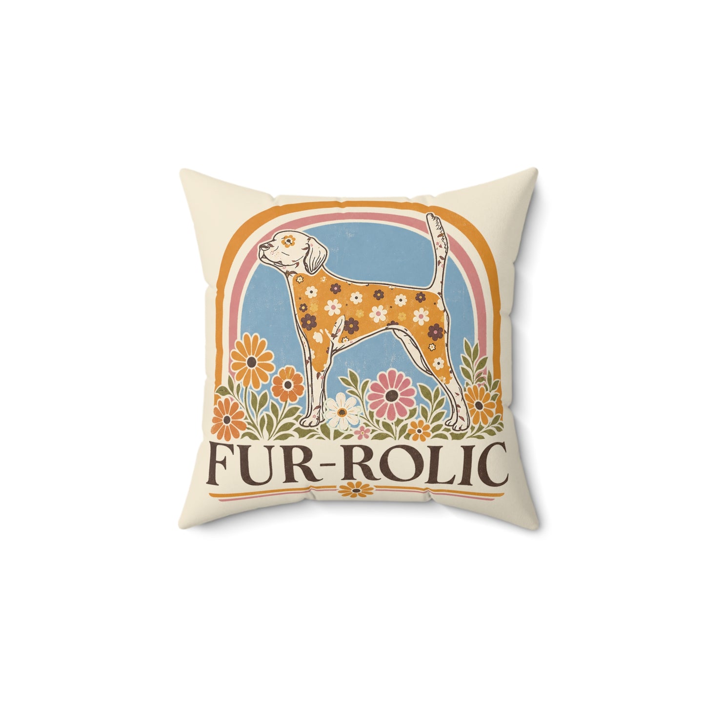 Retro Floral Dog Pillow — “Fur-Rolic” Decorative Dog Bed Pillow. 14x14"