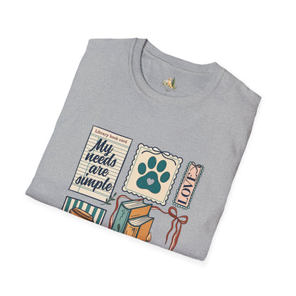 T-Shirt — "My Needs Are Simple" Book & Paw Graphic Tee