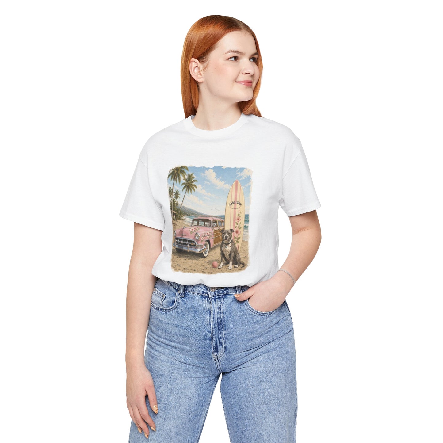 Vintage Beach Surf T‑Shirt — Retro Car, Surfboard & Dog Graphic