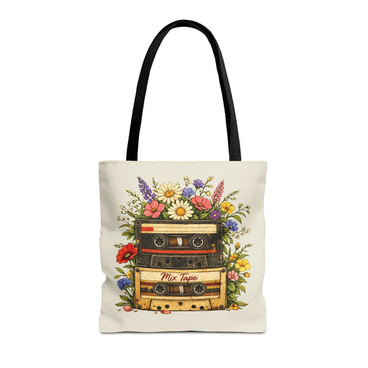 Retro Cassette Tote Bag — Floral 'Mix Tape' Vintage Music Tote