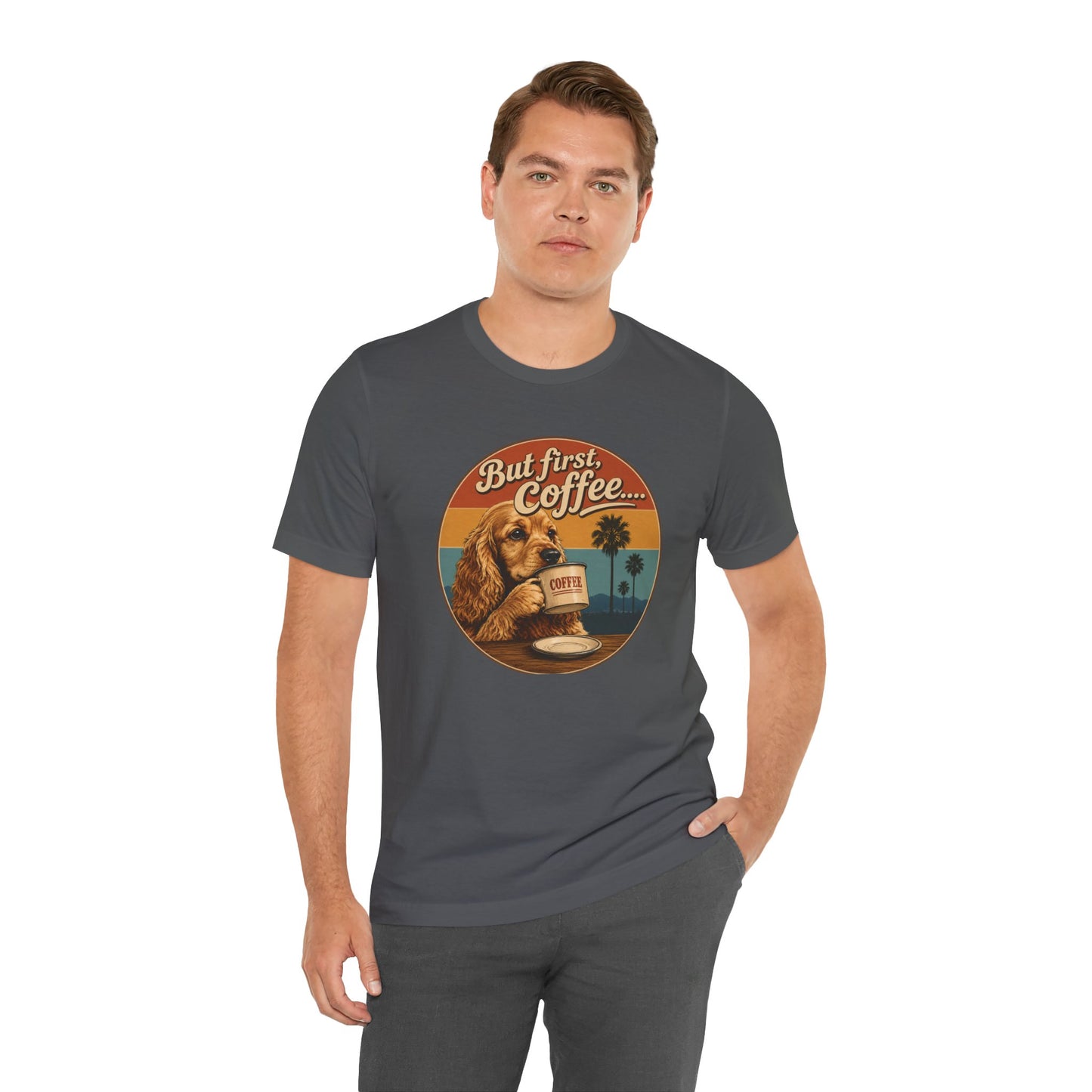 Men's But First Coffee Dog Tee — Retro Palm Tree Coffee Lover T-Shirt