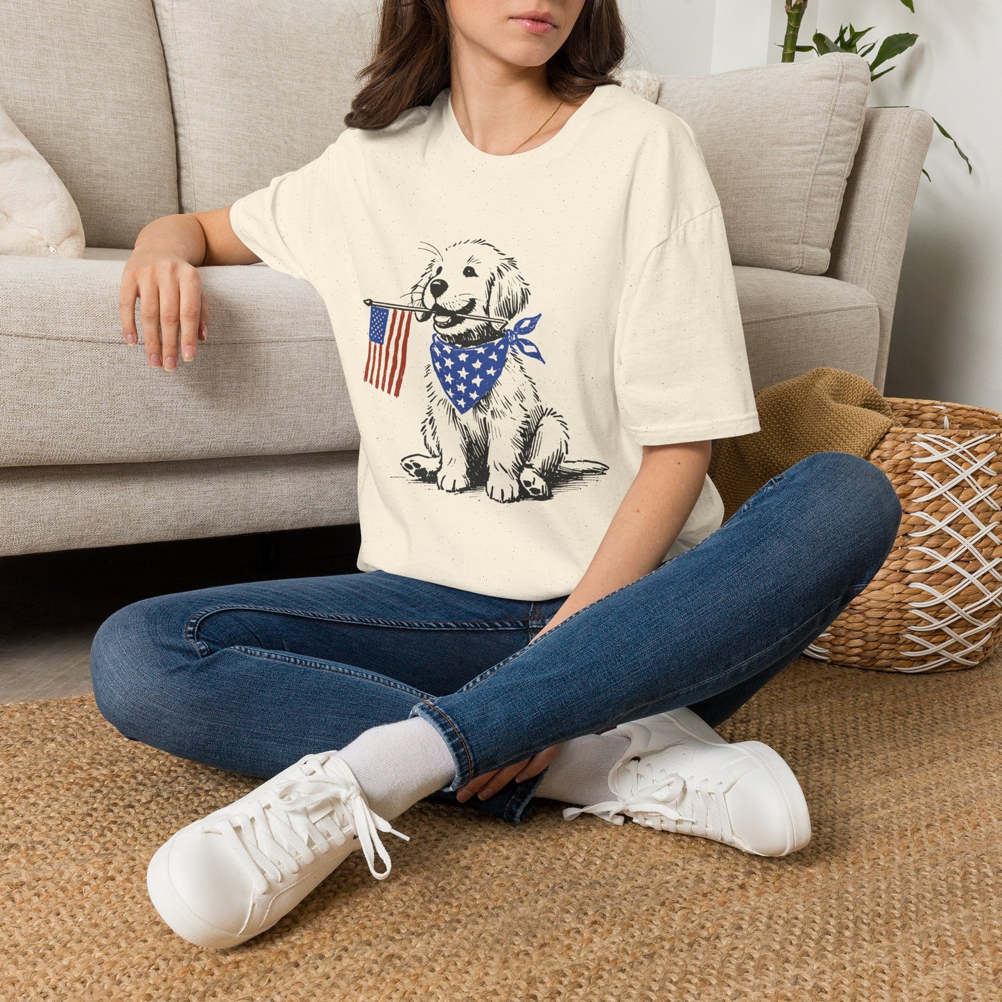 Unisex Patriotic Puppy T-Shirt — Golden Retriever with American Flag Bandana (Light Weight, Ultra Soft Tee)