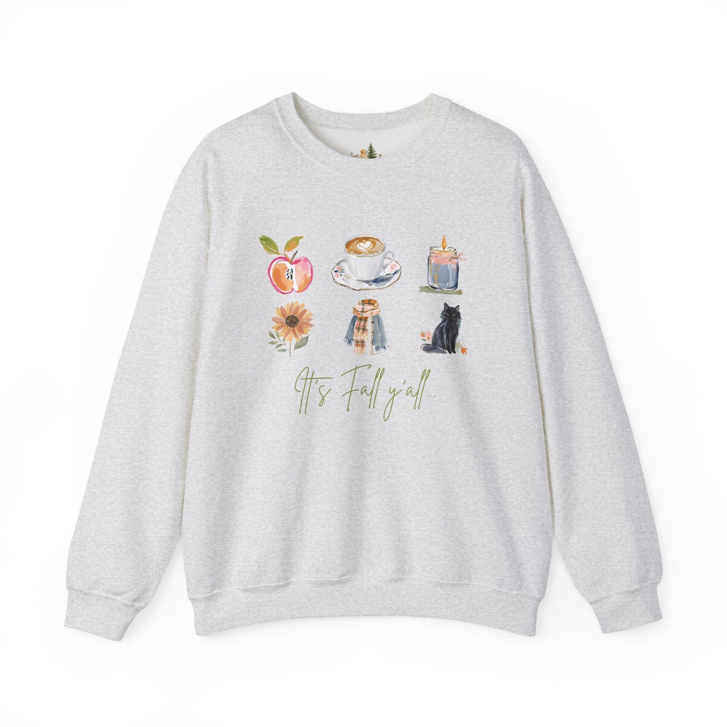 Fall Icons Crewneck Sweatshirt — Cozy Autumn Peach, Coffee, Candle & Cat Design