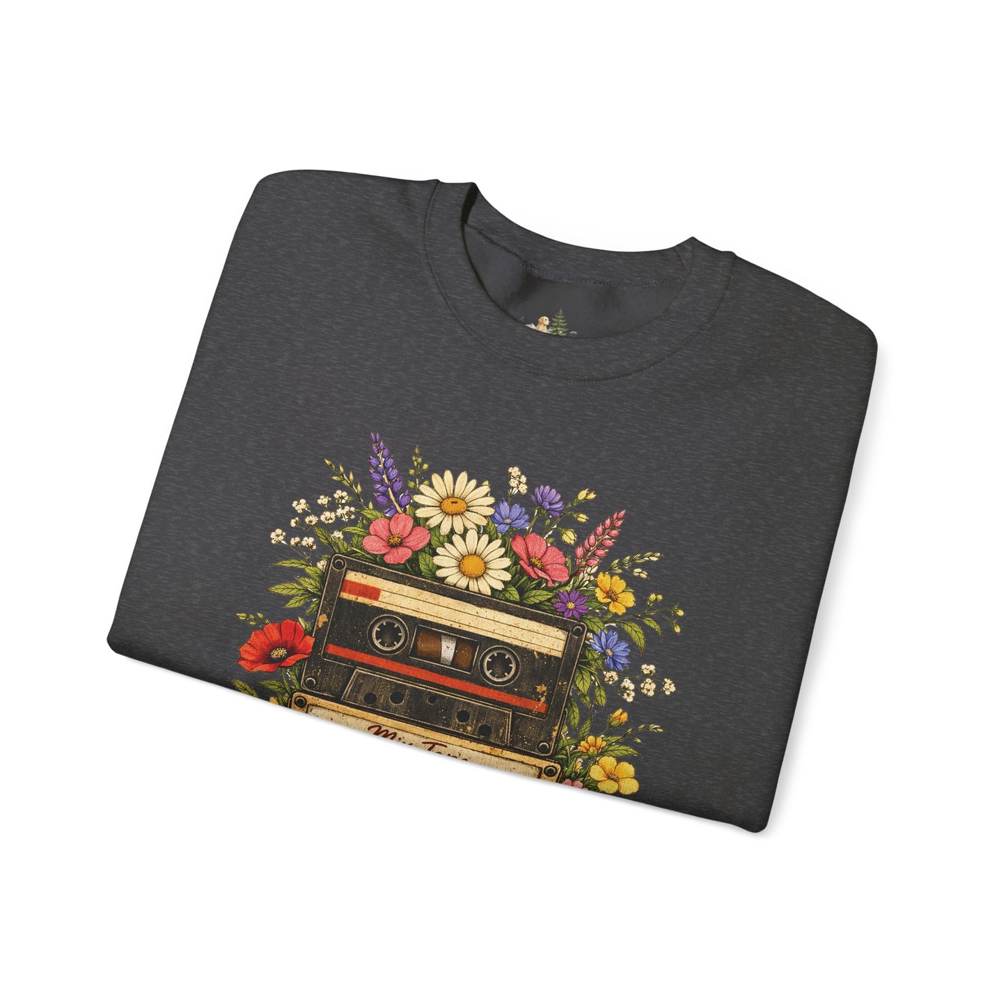 Retro Cassette Floral Sweatshirt — Vintage Tape Player Crewneck