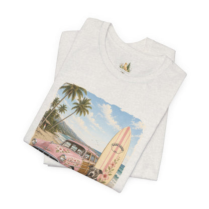 Vintage Beach Surf T‑Shirt — Retro Car, Surfboard & Dog Graphic