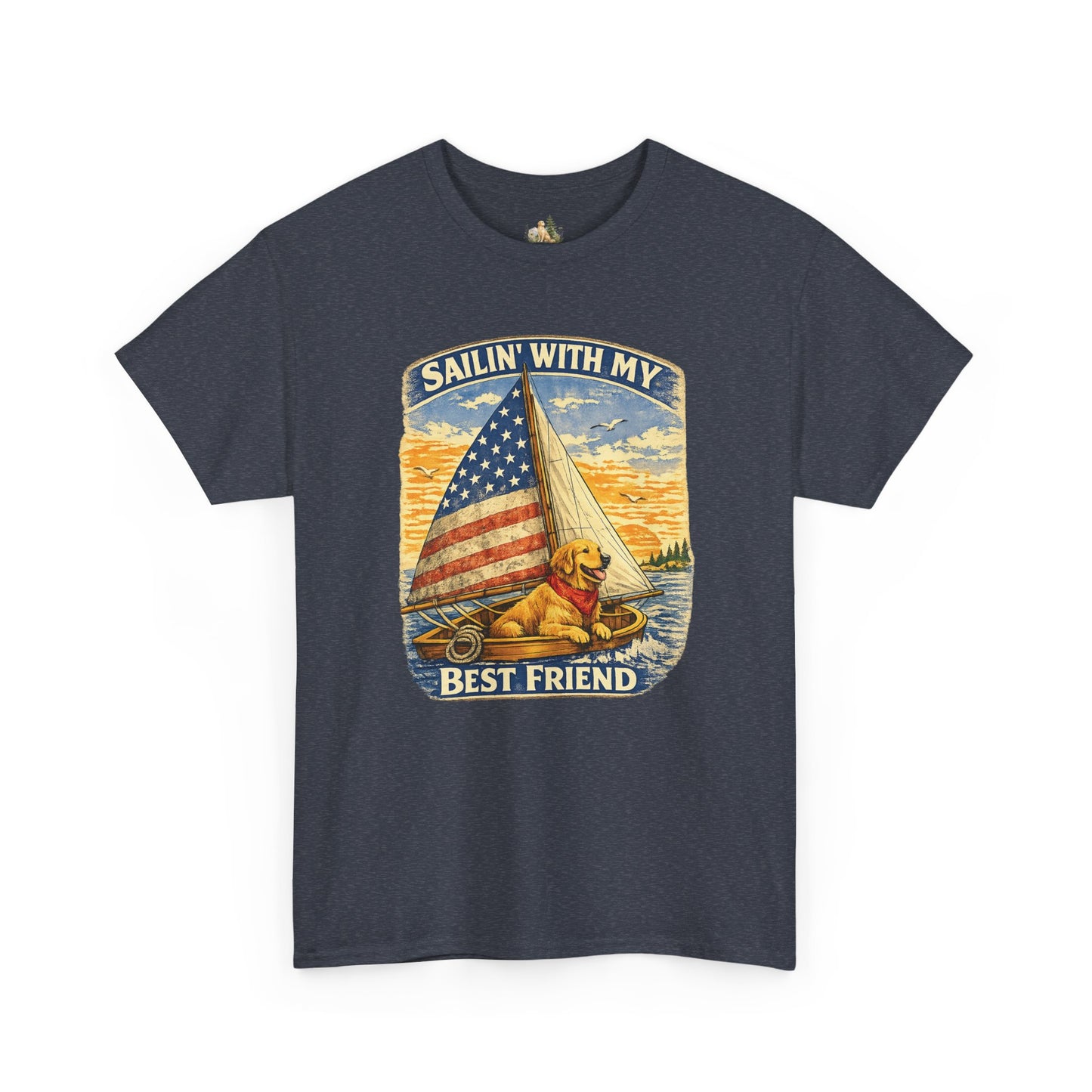 Unisex Sailin' With My Best Friend T-Shirt - Dog & American Flag Sailing Crew Tee (Light Weight, Ultra Soft Cotton)
