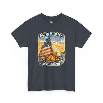 Unisex Sailin' With My Best Friend T-Shirt - Dog & American Flag Sailing Crew Tee (Light Weight, Ultra Soft Cotton)