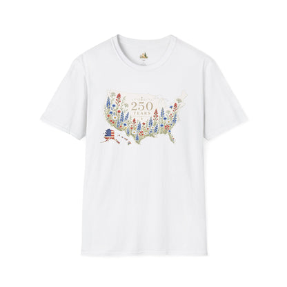 Unisex 250 Years USA Floral Map T-Shirt — Patriotic Anniversary Graphic Tee (Light weight Ulta Soft T-Shirt)