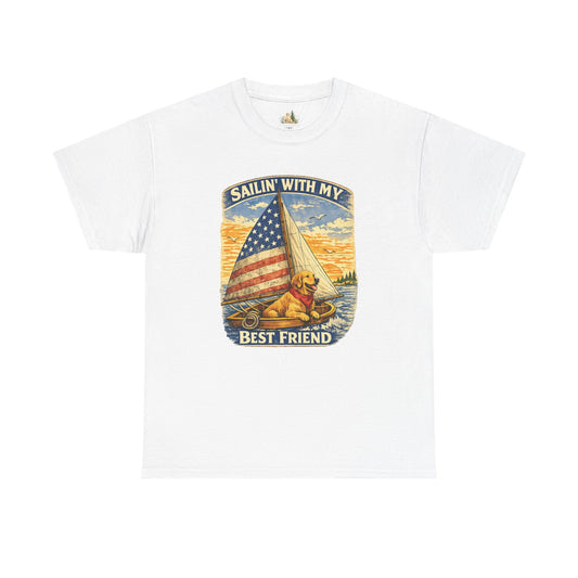 Unisex Sailin' With My Best Friend T-Shirt - Dog & American Flag Sailing Crew Tee (Light Weight, Ultra Soft Cotton)